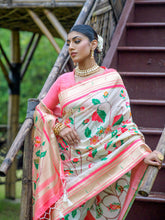Botanical Weaving Golden Zari Worked Heavy Royal Banarasi Off White Saree